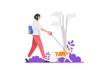 Owner with pet concept in flat design. Happy woman walking her dog leash in city park. Young girl spending time with cute puppy outdoors. Illustration with isolated people scene for web banner