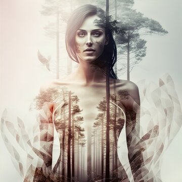 Double exposure image of woman and landscape. Generative AI illustration.
