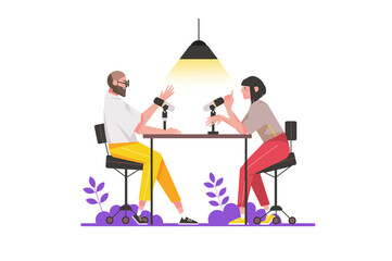 Podcast studio concept in flat design. Man and woman are broadcasting live or recording podcast. host communicates with guest online. Illustration with isolated people scene for web banner