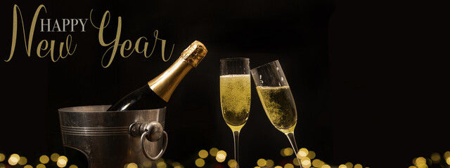 HAPPY NEW YEAR 2024 celebration holiday greeting card banner panorama - Champagne or sparkling wine bottles, bucket and toasting clink glasses isolated on black background