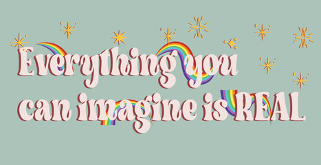 Retro typography groovy you are my sunshine slogan print with rainbow and stars for graphic tee t shirt or sticker poster - Vector
