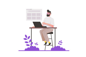 Boy surfing internet concept in flat design. Man is browsing, searching information and reading sites using laptop. Internet addiction. Illustration with isolated people scene for web banner