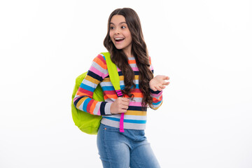 School girl in school uniform with school bag. Schoolchild teenager hold backpack on white isolated background. Happy girl face, positive and smiling emotions.