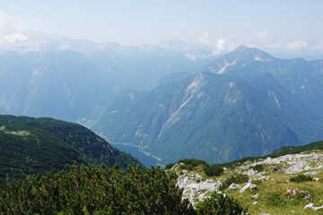Naklejka na ściany i meble The view of Hallstaetter lake from the trekking route to Hoher Sarstein mountain, Upper Austria region