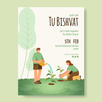Happy Tu Bishvat on Hebrew. Tu Bishvat Background with Watering Flowers Concept. New Year for Trees, Jewish Holiday. 