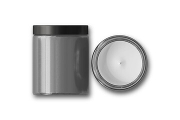 Black candle with lid mockup template isolated on white background, front and top view. 3d rendering.
