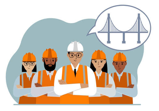 A construction team and an engineer make plans in their minds to design a bridge in an air bubble. The concept of civil engineering and construction.