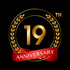 19th Anniversary. Anniversary Logo Design with Laurel Wreath and Red Ribbon for Celebration Event, Wedding, Invitation, Greeting Card. Logo Vector Illustration