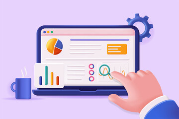 Data analysis concept 3D illustration. Financial report, marketing research and accounting. Businessman studying statistics and developing strategy. Illustration for modern web banner design