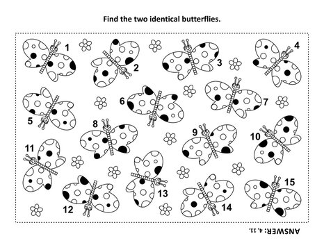 Spot two identical butterflies visual puzzle and coloring page. Answer included.

