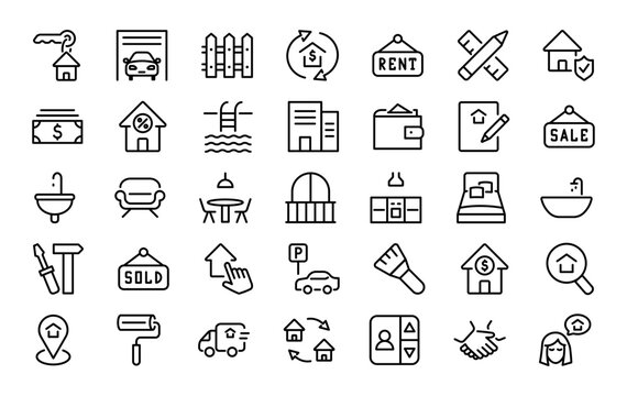 Set of 35 real estate in line style. House, building, realtor, property, sale, rent. Vector illustration.