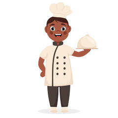 Little chef master. Smiling boy in uniform. Cartoon vector illustration.