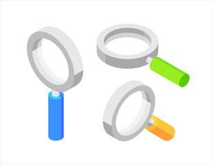 Magnifying glass at different angles. Flat, 3d, vector, isometric, cartoon style illustration isolated on white background