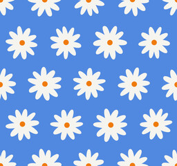 Seamless pattern of white chamomile isolated on blue background. Concept of valentine's day, romance, love. 