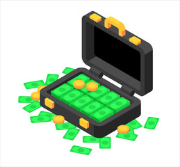 Suitcase of money. Flat, 3d, vector, isometric, cartoon style illustration isolated on white background