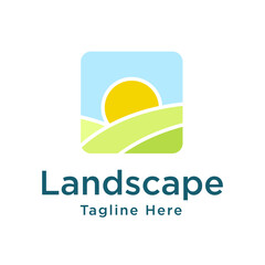 Farm logo mark template or icon sun and field.  emblems or badges for natural agriculture, organic food industry or harvesting campaign