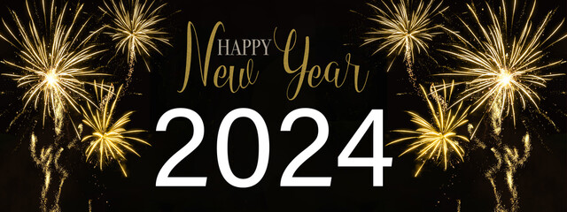 Happy new year 2024, Sylvester, new year's eve background banner panorama long greeting card - Golden firework fireworks pyrotechnics on dark black night sky