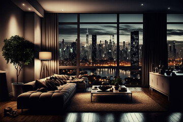 Generative AI illustration of luxury penthouse at night - obrazy, fototapety, plakaty