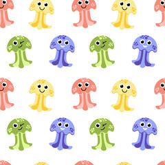 Jellyfish seamless pattern. Flat, cartoon, vector