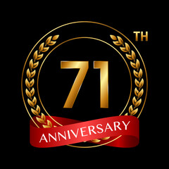71th Anniversary. Anniversary Logo Design with Laurel Wreath and Red Ribbon for Celebration Event, Wedding, Invitation, Greeting Card. Logo Vector Illustration