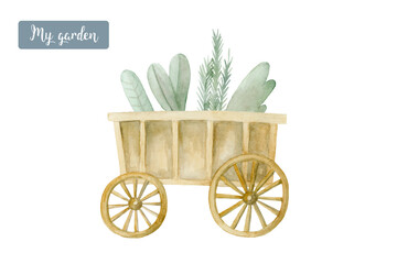 wooden cart with greens handpainted farmers decor watercolor illustration - 552358378
