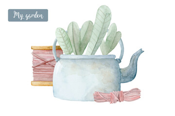 gardening tools with rope, teapot and greens composition handpainted farmers decor watercolor illustration - 552358535