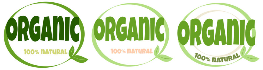 Organic eco natural bio sticker label logo icon. Logo with a pattern of green leaves. Ecological products. Stickers of eco-friendly products. 
Vector illustration of organic food icons
