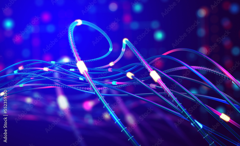 Aufkleber cyber techno metaverse. network cable, twisted wire 3d illustration. flashes of neon lights. big dat