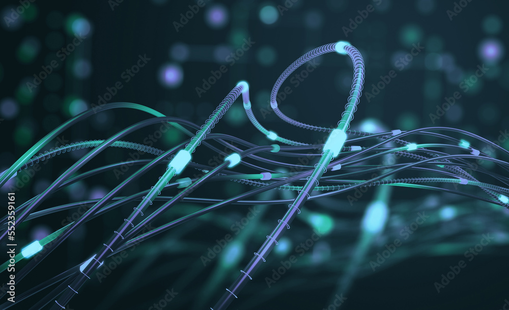 Poster Cyber network, big data, digital nano space. Metaverse of the coding flow of neural networks of the future. 3D illustration Flashes of neon lights