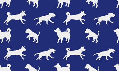 Silhouette dogs in various poses isolated on blue background. Seamless pattern. Endless texture. Design for fabric, decor, wallpaper, wrapping paper, surface design. Vector illustration.
