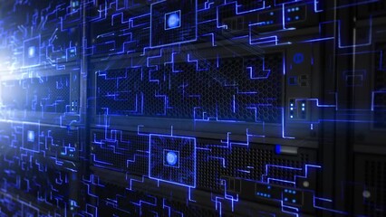 Powerful Rack Servers Close-up in Modern Data Center Cloud Computing Data Storage. Holographic Computer Chip Animation. AI And Neural Networks - Powered by Adobe