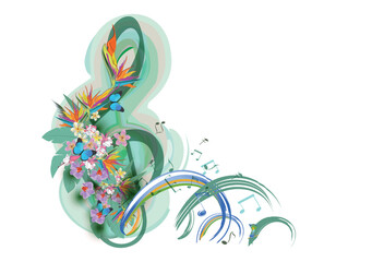 Abstract treble clef decorated with summer and spring flowers, palm leaves, notes, birds. Hand drawn musical vector illustration for t shirts, covers,  wallpaper, greeting cards, wall-art, invitations