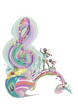 Abstract colorful musical design with musicians, treble clefs and musical waves, splashes. Hand drawn vector illustration.