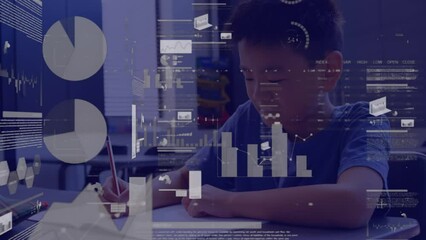 Animation of data processing over asian schoolboy in classroom - Powered by Adobe