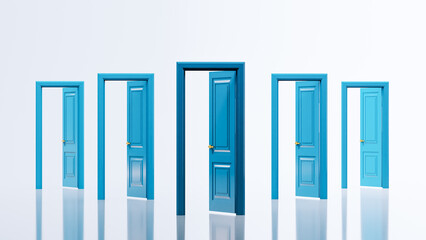 set of Opened realistic blue doors isolated on white background. 3D render