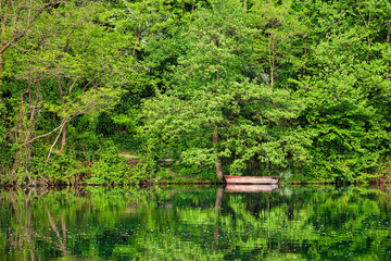 river, boat and green trees on water refection