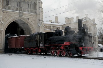 Steam locomotive at the New Peterhof station, St. Petersburg, Russia, December 8, 2022