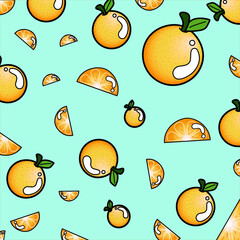 fThe cute draw orange and orange segments on the Cyan color Seamless pattern. drawing art. Modern design for a paper print,  Vector illustration.