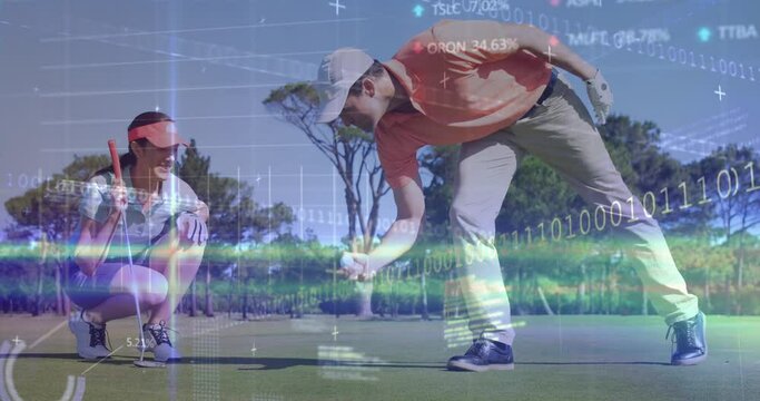 Animation of data processing over caucasian golf players
