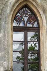 Window fragment with stained glass of Castle Rock Forest in the Lower Silesian Voivodeship on the Szczytnik hill, Poland