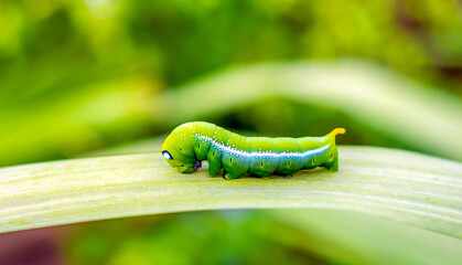 Bright green butterfly caterpillar with big eyes.The big green caterpillar in nature