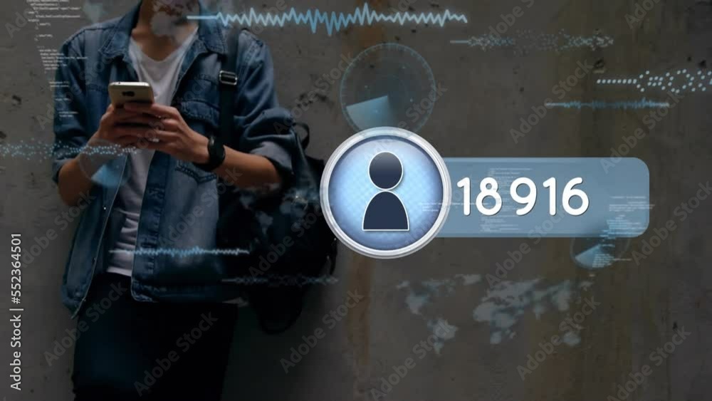 Poster animation of icons with growing numbers and data processing over biracial man using smartphone