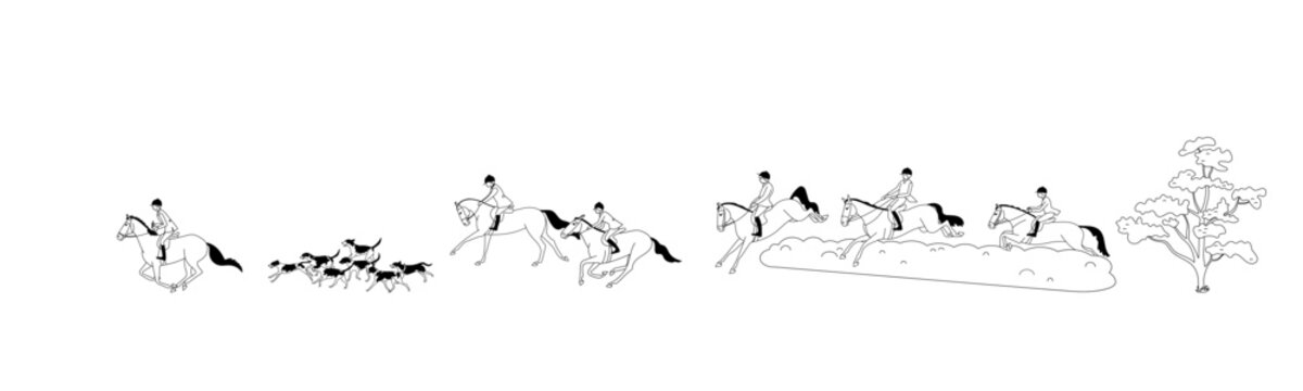 Black and white vector illustration of a fox hunt