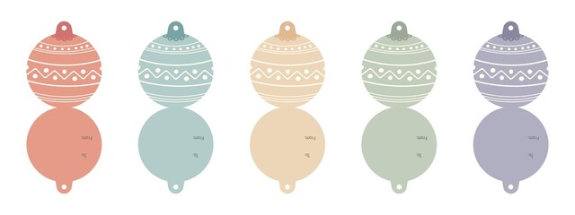 Christmas and New Year double-sided gift tags set. Balls collection. Vintage retro pastel colors. PNG file with transparent background.