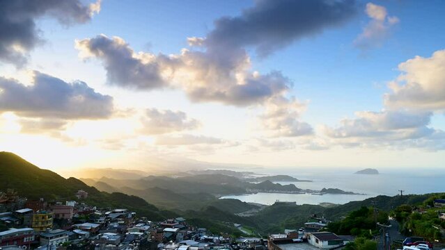 Complete record of the sunset horizon. The village by the mountain and the sea. Romantic spots by the mountains and the sea. Jiufen, New Taipei City, Taiwan