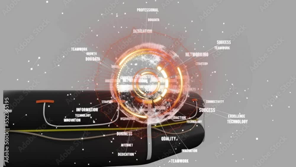 Poster animation of scope scanning and data processing over rafting boat on grey background