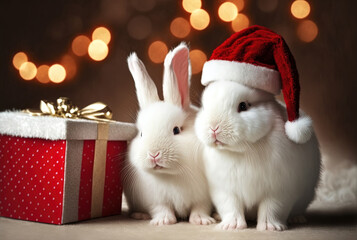 Cute little couple of rabbits with Christmas gift box. Christmas bunny with red Santa hat. Adorable domestic animals on blury background. Generative AI