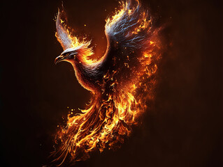Phoenix with burning wings and tail. Mythological symbol of rebirth. Fantasy firebird. Generative AI