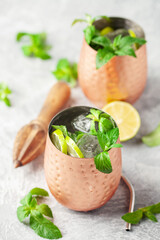 Alcohol cocktail mojito with lime and mint in copper glasses with ice. Summer refreshing drink