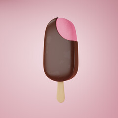 3D rendering strawberry ice cream covered with dark chocolate, Strawberry ice cream stick on pink background